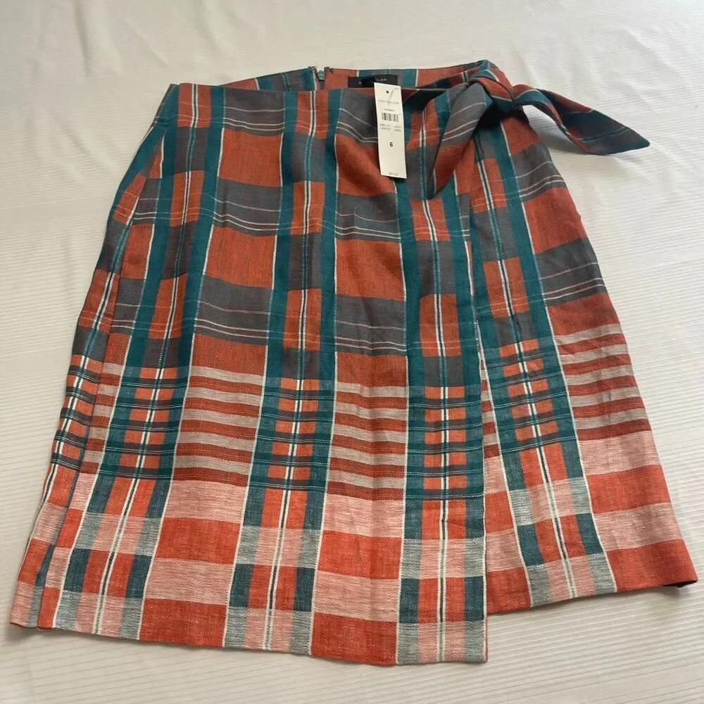 NWT Ann Taylor Plaid Linen Tie Wrap Blue Orange Skirt Size 6 New - Picture 1 of 8